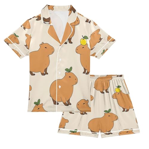 Satin Pajama Sets Short Sleeve Cute Capybaras Apples Button Down Silky Nightwear 2 Piece PJS 5-14Y