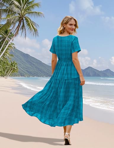 Image of YESNO Women's Summer Maxi Dresses Casual Floral Short Sleeve V Neck Boho Beach Vacation Swing Dress with Pockets EVF