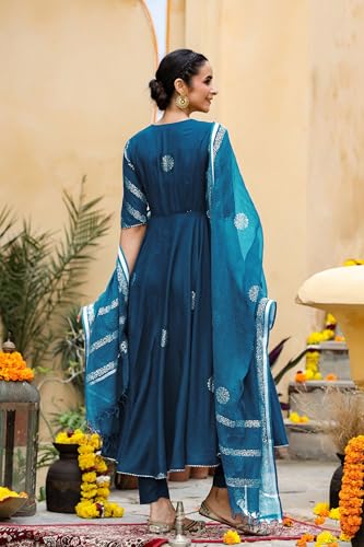 Image of GoSriKi Women's Cotton Blend Printed Anarkali Kurta with Pant & Dupatta | Ethnic Wear for Women | Indian Casual Office Daily Summer Outfit