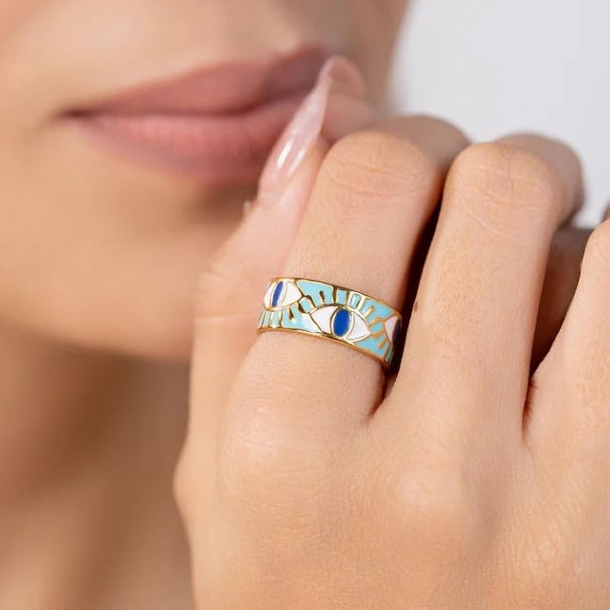 Women's Evil Eye Adjustable Ring, 18K Gold Plated Enamel Design