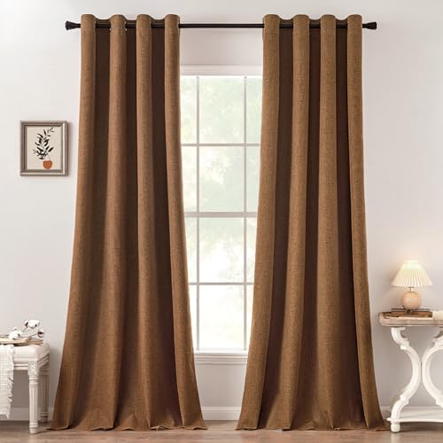 Image of MIULEE 100% Blackout Linen Curtains for Bedroom Thermal Insulated Brown Grommet Room Darkening Curtains & Drapes Fall Decor for Living Room 52 x 108 Inch (2 Panels)