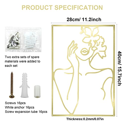 4 Pieces Gold Metal Wall Art Decor, Minimalist Abstract Woman Wall Art Line Drawing, Woman's Face Shape Metal Wall Art, Single Line Metal Wall Art, Home Hanging For Bedroom Bathroom Living Room #TOP2