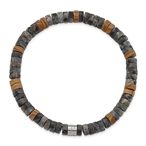 Avariah Chisel Stainless Steel Brushed Black Spectrolite and Grain Stone Beaded Stretch Bracelet - 7.25\"