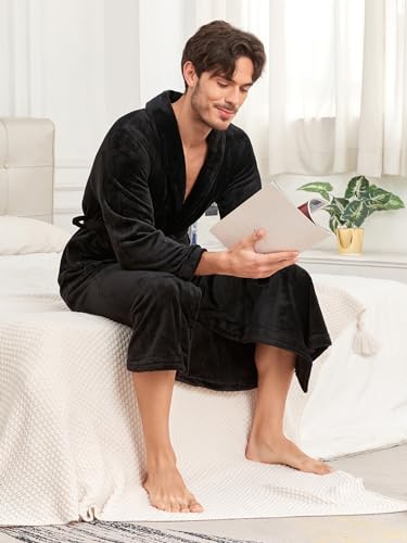 RONGTAI Bathrobe for Men, Long Shawl Collar Robe, Plush Fleece Fabric, Side Pockets, Warm and Cozy Sleepwear (Black, M), Medium2
