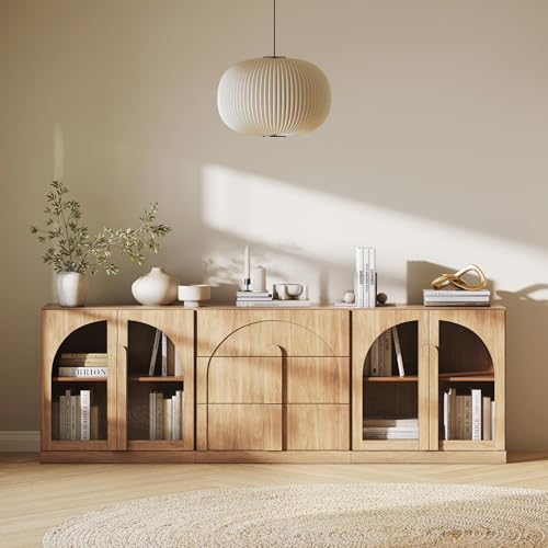 BELLEZE 3-Piece Modular Sideboard Cabinet Freely Configurable, Modern Wood Buffet Cabinet Contain 2 Arched Cabinets and a 3-Drawer Storage, Media Cons