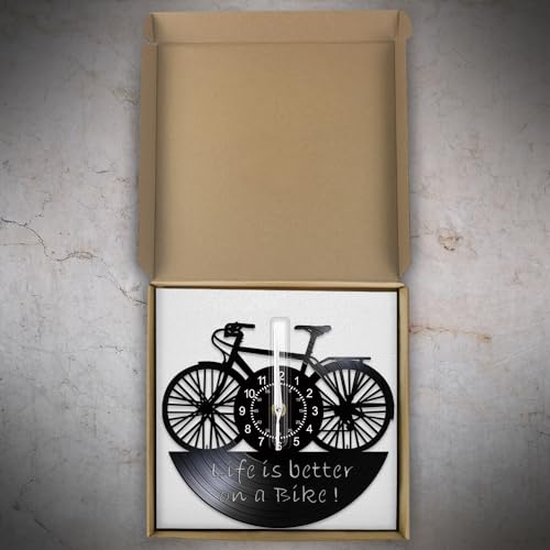 TIMEGLOW Life is Better on a Bike Wall Clock, 12 Inch Cycling Bicycle Wall Clock Silent Non Ticking Battery Operated Modern Decorative Vinyl Record Clock Wall Watch for Bikers Bicycle Cyclist Gift