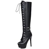  cocey Mujer Rodillera Alto Botas Botines con Cordones tacón Plateau, Color Negro, Talla 43 EU