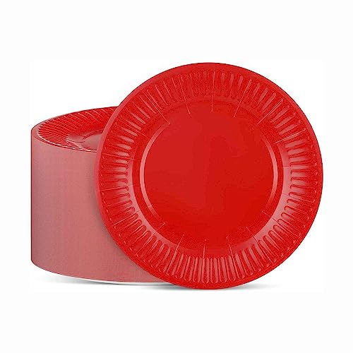 Image of PRETTY UR PARTY Red Paper Plates, 9inch Biodegradable Round Party Plates, Disposable Paper Plates for Cakes, Dessert, Snack, Fruits, 9 inch - Pack of 20 pcs
