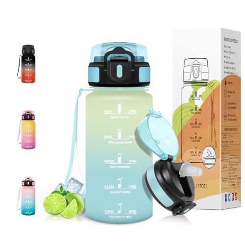 Motswedi Botella Agua 500 ml, con pajita, Botella Agua Gimnasio, a Prueba de Fugas, Cantimplora Marca de Tiempo, Reutilizable, para Escuela, Oficina, Yoga, Beige Azul Claro