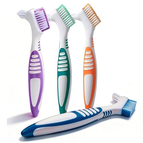4 Pcs Denture Brush Set Portable Retainer Cleaning Toothbrush with Double Bristle Head Retainer & Denture Toothbrush for Oral Care for Cleaning False Teeth Mouth GuardsMulticolor