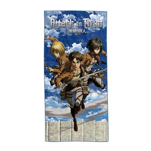 SAKAMI - Attack on Titan – Eren, Mikasa & Armin – Serviette de Plage – 150 x 75 cm – Original & sous Licence