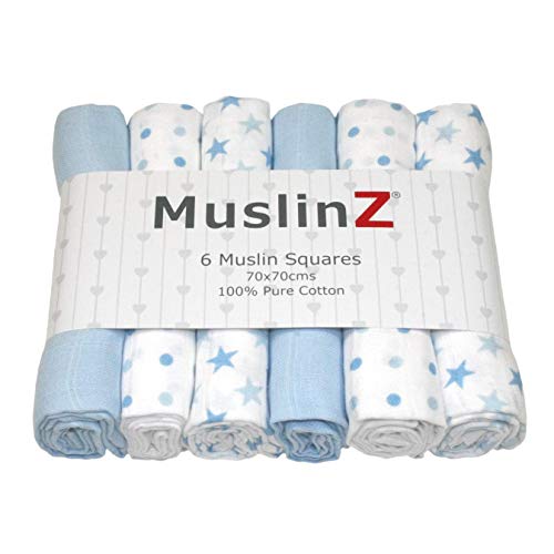 MuslinZ 6pk Baby Muslin Squares Burp Cloths 100% Pure Soft Cotton 70x70cm Blue Stars...