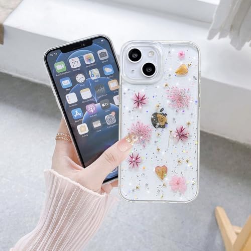 Coque iPhone 13 Mini à paillettes et fleurs séchées