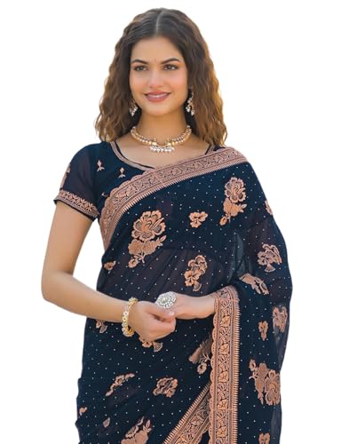 Image of SIRIL Women's Georgette Embroidery Saree With Unstitched Blouse
