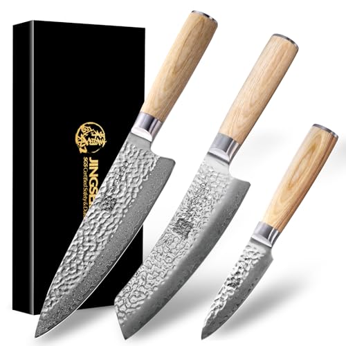 Jingseiho Professional Knife Set - VG-10 67-Layer Damascus Forged Steel, SGS Certified Razor-Sharp Edge Chef Santoku Paring Knifes, Durable Kitchen Cutlery for Home Cooks