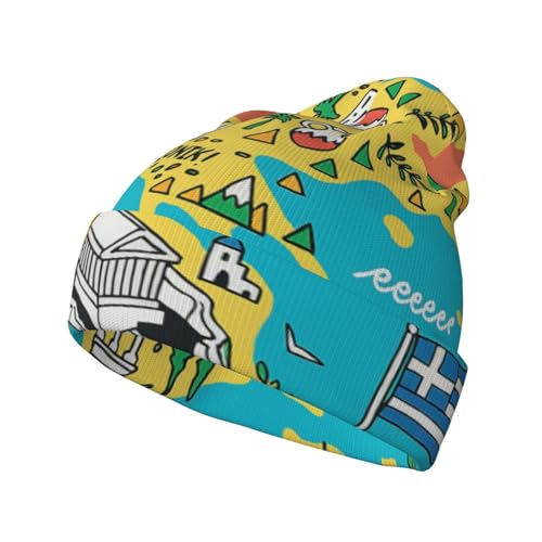 DUWAA Gorro de punto con estampado de mapa de Grecia con el mar Egeo para adultos, gorro de punto unisex suave y cálido, gorro de invierno para aventuras al aire libre, color negro