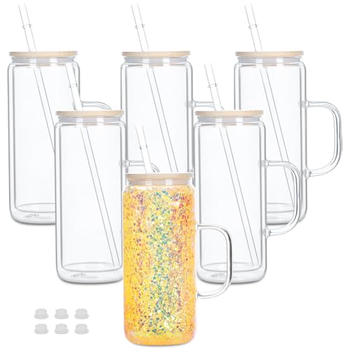Cosictic 20 OZ Glas-Schneekugel-Tumbler mit Griff und vorgebohrtem Loch, 591ml, Doppelwandige Schneekugelbecher für Schneekugel Glitzer DIY, (6 Stück)