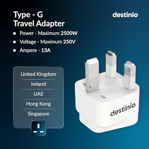 Image of Destinio Type G Travel Adapter | UK Plug Adapter for India to UK, UAE, Singapore & More | Universal Socket, 13A 250V 2500W| International Travel Plug Adapter | CE & RoHS Certified (Pack of 1)