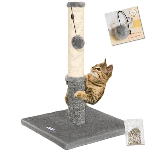 Happi N Pets Cat Scratching Post, Cat Scratcher for Indoor Cats, Sisal Scratching Post & Carpet Post in One, Stable Kitten Scratching Post with Replaceable Toy, Extra Free Toy, Light Gray