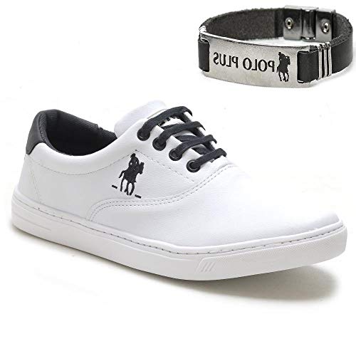 Kit Tênis Casual Polo Plus Sapatênis Masculino Confort + Pulseira Cor:Branco;Tamanho:41