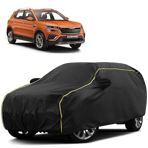 Image of Sulfar 100% Water Resistant Car Body Cover Compatible with Mirror for Skoda Kushaq (Triple Stitched, Full Bottom Elastic, Black Tafetta with Yellow Piping)