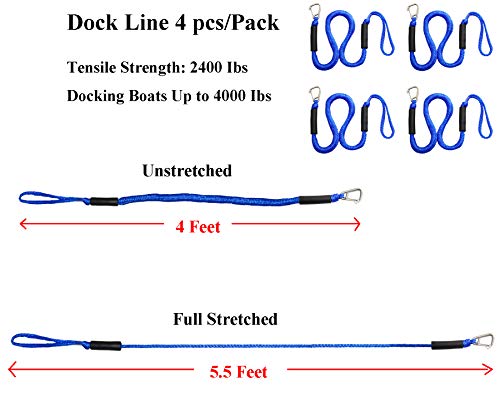 Blue Bungee Boat Dock Lines With Hook 4 Feet Dockline Mooring Rope Boat Accessories Docking Lines Pwc Shock Cords For Boats Kayak, Jet Ski, Canoe, Power Boat Wave Runner, Seadoo, Watercraft 4Pcs #TOP2