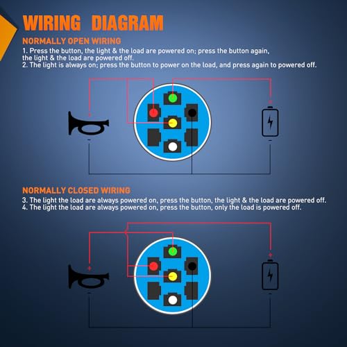 Image of Nilight 16mm 12V Momentary Horn Push Button Switch Blue LED Harness Kit | SPDT 1NO1NC metal switch with detachable tail plug socket, blue ring light, and 5A rating