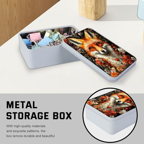 Image of Metal Tin Box with Lid,Multi-functional Storage Large Box Can Store Tea Biscuits Game Cards, Playing & Tarot Cards-Comes with 4 Magnetic Cord Clips,Fox Surrounded by Flowers