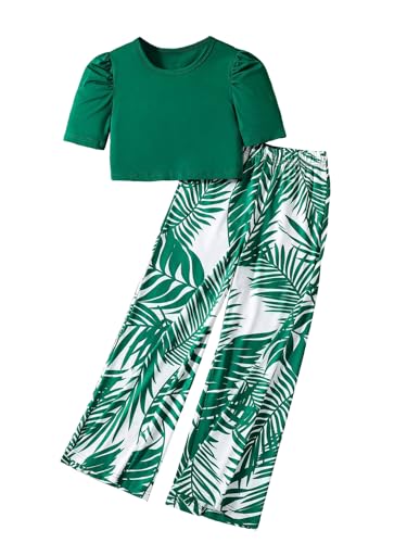 Image of OYOANGLE Girl's 2 Piece Outfits Boho Short Puff Sleeve Round Neck Top Shirts and Wide Leg Pants Sets