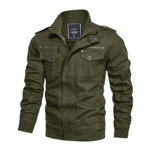 HIJEWE Men Military Jacket, Casual Cotton Stand Collar Coat for Spring Falls Durable Cargo Bomber Outwear Utility Multi-Pocket Army Outdoor Men's Moto Jackets