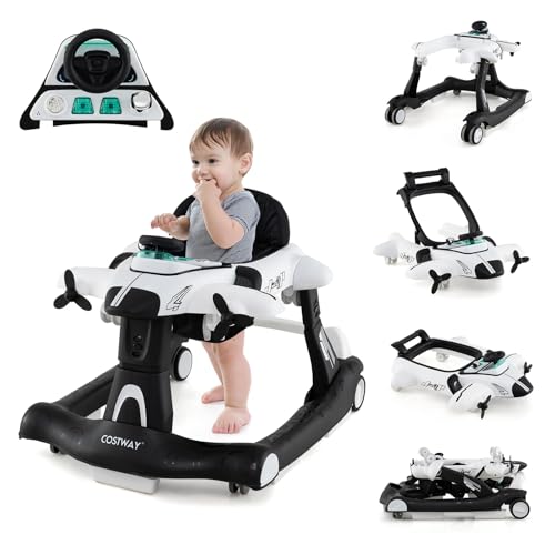 COSTWAY 6 en 1 Andador Bebés, Andador Plegable de Avión, Altura Ajustable en 3 Niveles, 6 Ruedas Universales, Caja de Música Extraíble, Tacata Bebes, Caminador Bebe para Niños de 6 18 Meses (Blanco)