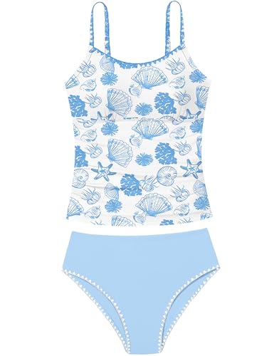 Image of Girls Swimsuit Solid Color Tankini Contrast Trim Swimwear 2 Piece Bathing Suit Padded Swimsuits for Teens 9-16Y