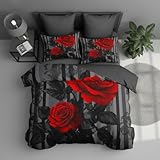 CCoutueChen Black Red Comforter Set King Size Women Red Rose Bedding Set with Black Grey Stripe Background, Suitable for Gothic Vintage Decor, 2 Pillowcases, 3Piece