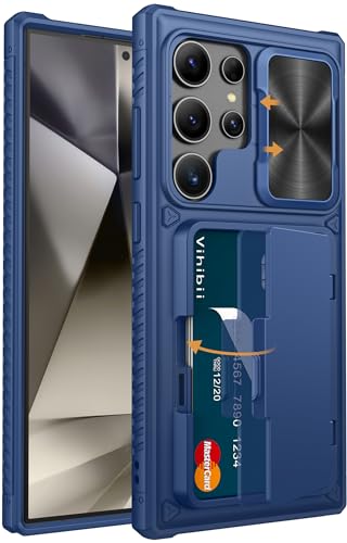 Image of Vihibii PC For Samsung Galaxy S24 Ultra Back Cover With Card Holder (4 Cards) & Slide Camera Cover & Kickstand, Hard Case For Galaxy S24 Ultra, Blue
