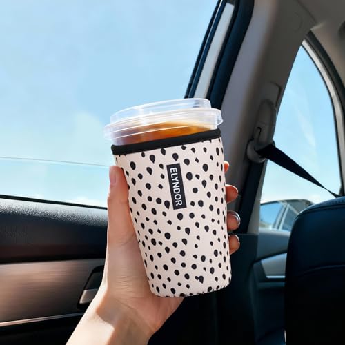 Image of Reusable Insulated Sleeve for Iced Coffee Cup, 3-Pack Coffee Neoprene Drink Sleeve for Cold & Hot Drinks, Beverage Holder for Iced Coffee (Mocha Dots)