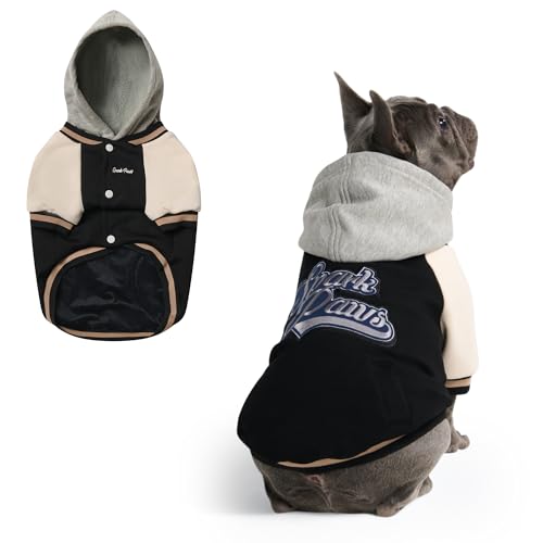 Image of Spark Paws Varsity Dog Hoodie - Premium Dog Sweater for Small, Medium, and Large Dogs | Warm Clothes for Pets, Winter Jacket Alternative - Black - L