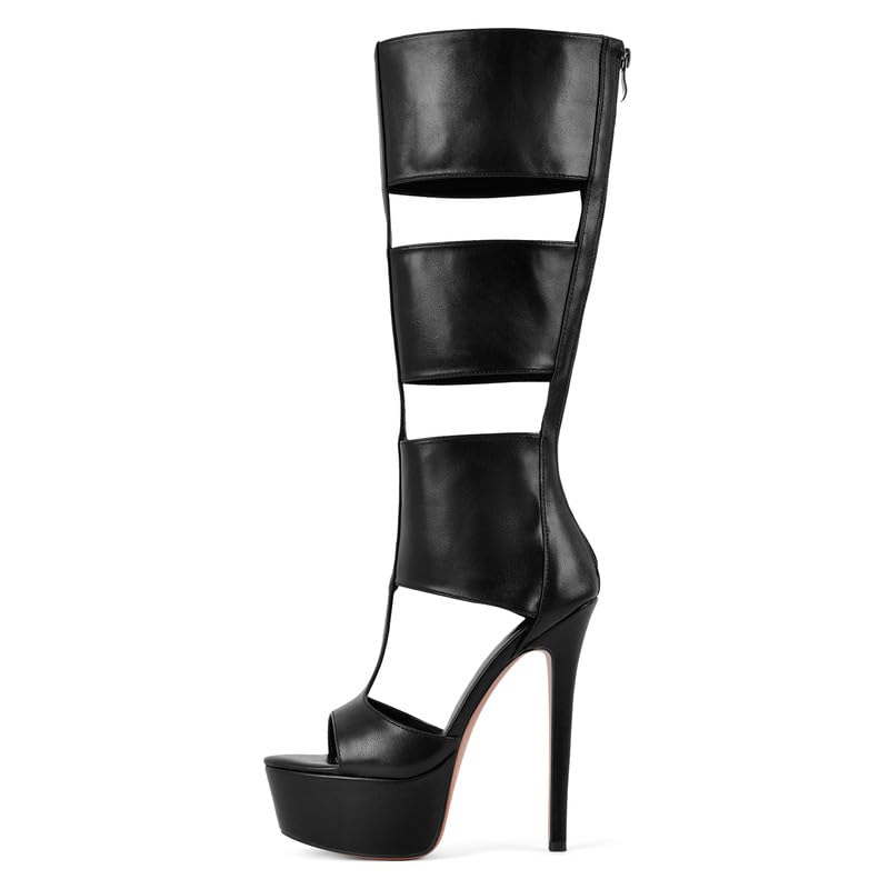 Richealnana Women's Gladiator Knee High Platform Heels-Stiletto Peep Toe Boots Back Zipper Cutout Club Party Boots Matte Black US7