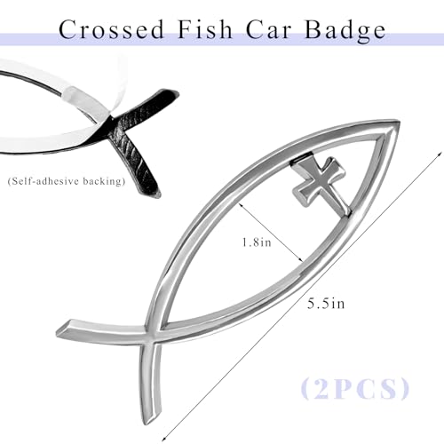 Image of 2PCS Christian Cross Fish Car Emblem, Large Jesus Fish Cross Auto Emblem Badge Bumper Sticker, Weatherproof Christian Fishes Symbol Ichthus Religious Decal for Most Vehicles (Silver)