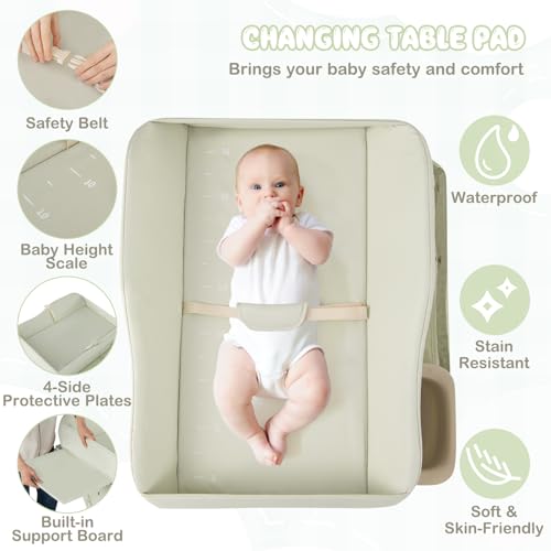 Image of HONEY JOY Changing Table, Folding Mobile Diaper Nursery Organizer w /Wheel, 3 Adjustable Heights, Storage Bag & Open Shelf, Water Basin, Portable Baby Changing Station for Newborn Infant(Green)