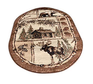 Cabin Style Oval Area Rug Big Bear Elk Country Lodge Beige Brown Green Carpet King Design 362 (3 Feet X 4 Feet 7 Inch) #TOP1