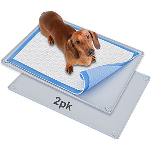 Image of TidyFriend 2 Pk Pee Pad Holder Tray for 30 inch x 23 inch Pee Pads with Corner Lock Holes, Raised Edges, Non-Spill, Easy to Clean Silicone Dog Potty Tray Holder, For Indoor Floor Protection (Light Grey)