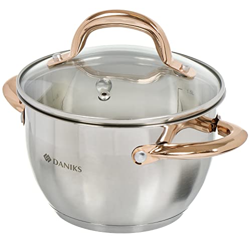 Daniks Vivat Gold Marmite INOX | Faitout avec Couvercle en Verre Tous Feux Dont Induction | 1.8 L, Ø 18 cm