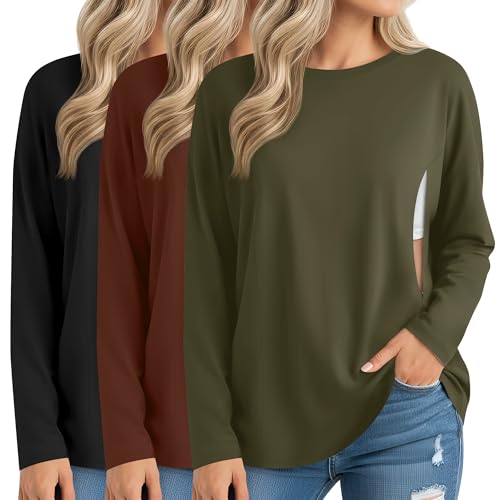 Sweetyweee 3 Pack Women's Nursing Breastfeeding Tops, Long Sleeve Maternity Shirts Oversize Hidden Zipper Pregnancy Clothes(Yellow Green, Mocha, Black,X-Large)