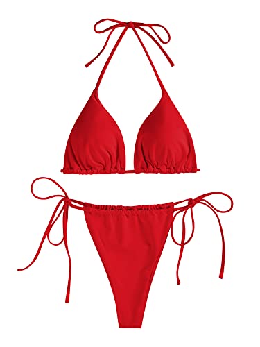 Image of ZAFUL Womens Printed Triangle Bikinis 2 Piece Halter Bikini Sets High Cut Bathing Suit Side Tie Swimsuits
