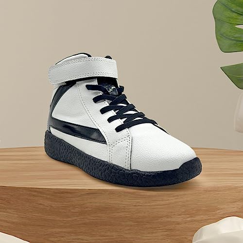 Image of KazarMax Boys and Girls Black shimmer K Logo Patch Ankle Length Shoes in White Color-11 Kids UK