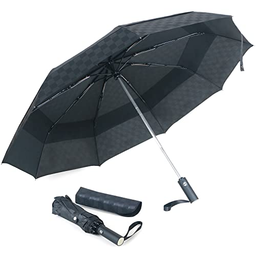 ElifeAcc Parapluie de voyage coupe-vent à double auvent - Léger et à séchage rapide pour un transport facile - Noir - Double imitation Cover