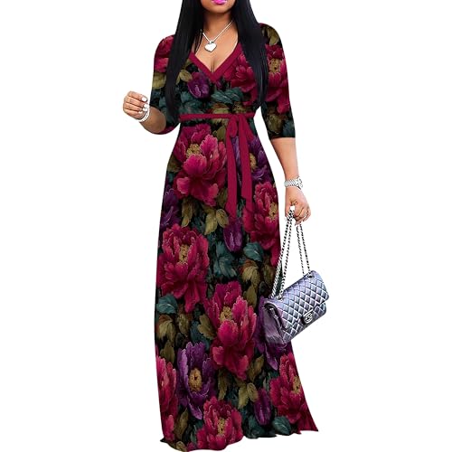 Image of PinkPatty Plus Size Maxi Dresses for Women Casual Flowy Long Dress 3 /4 Sleeve V Neck Wrap Dress with Belt
