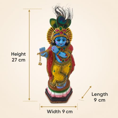 Image of Krishna Statue showpiece for Home Pooja Room Decoration Item | krishna hindu god idol gift items for house warming ceremony living room decor item (polymarble,multicolor,34*13*10 cm)