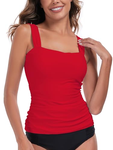 RELLECIGA Women's Bandeau Tankini Top Ruched Tummy Control Swimsuits Top2