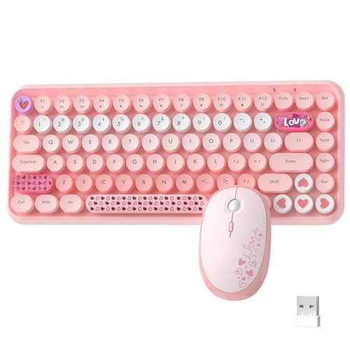 AJAZZ Juego de Teclado y Ratón 2,4G 84 Teclas QWERTY Retro Máquina de Escribir Ronda Teclas Teclado, Pequeño Cordless Estético Mouse Compatible con Ordenador para Juegos de Oficina-Rosa Degradado